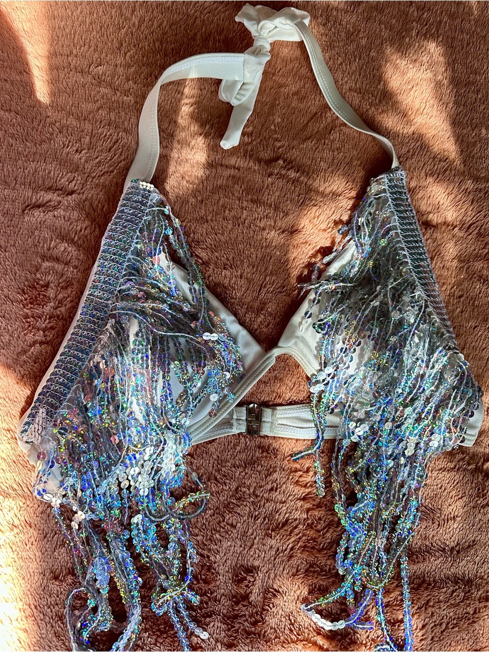 SHEIN White Sequin Fringe Halter Bra Top